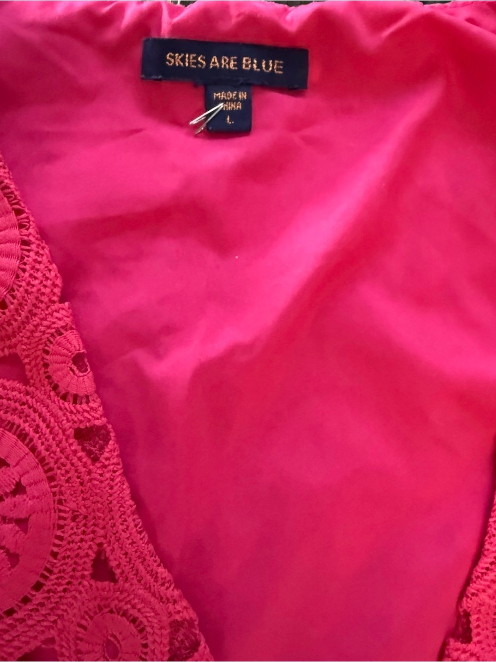 Skies Are Blue L Pink Crochet Lace Midi Dress Ruffle Sleeve V Neck Lined A-Line - Picture 2 of 9